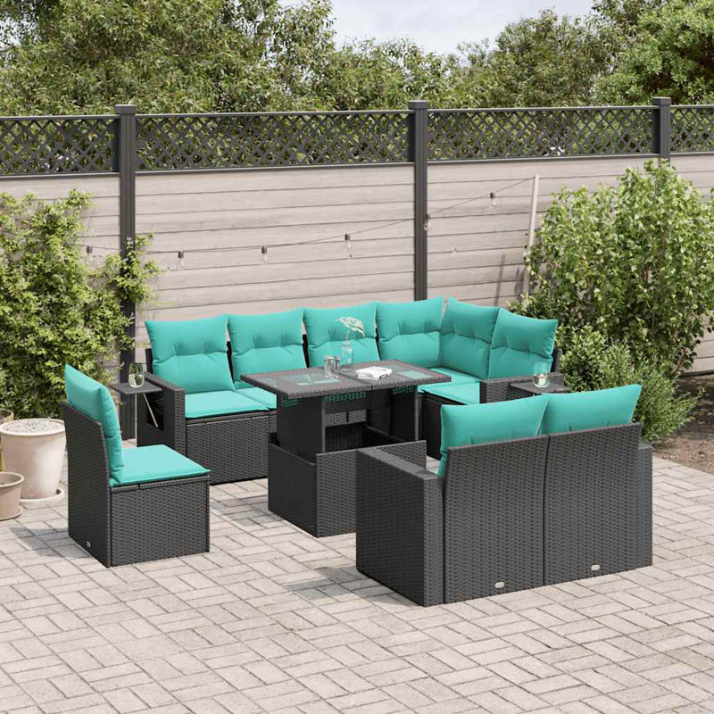 Ensemble de canapé de patio 9 pièces avec coussins en rotin de polyester, Bleu clair, Noir