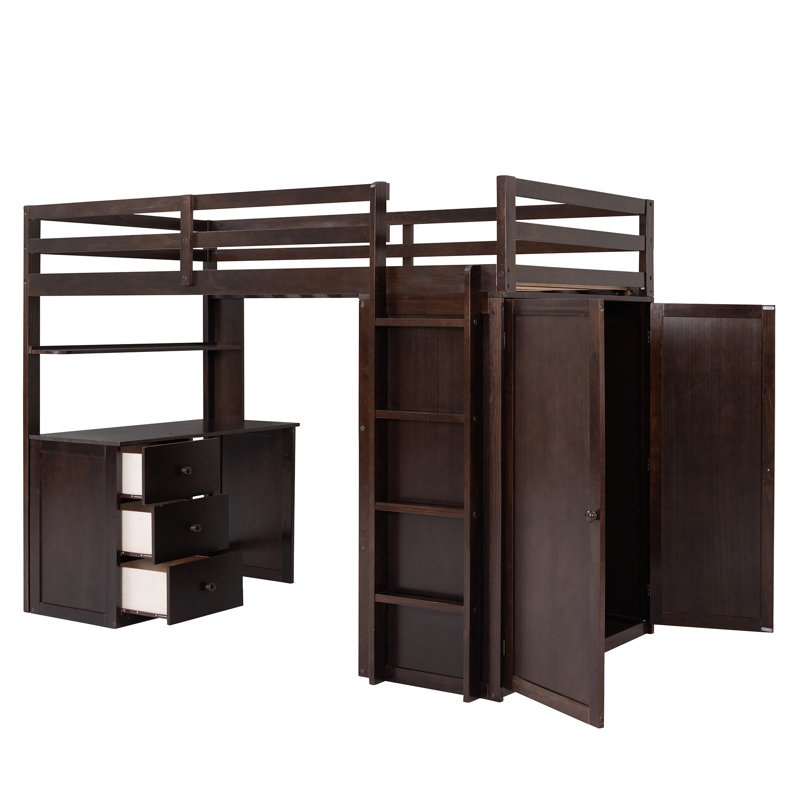 Lit mezzanine avec tiroirs, bureau et garde-robe, Lit simple, Espresso