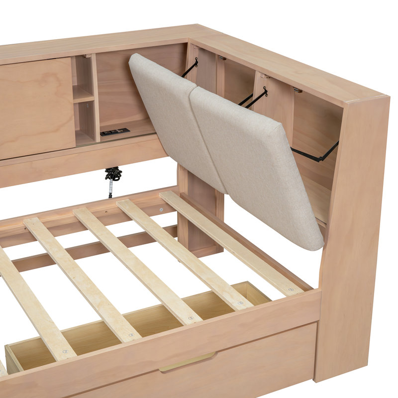 Wooden   L-Shaped Daybed Corner Bed Under-Bed Drawers  With Storage Bookcase And Upholstered Headboard And USB Charging Ports For Limited Space
