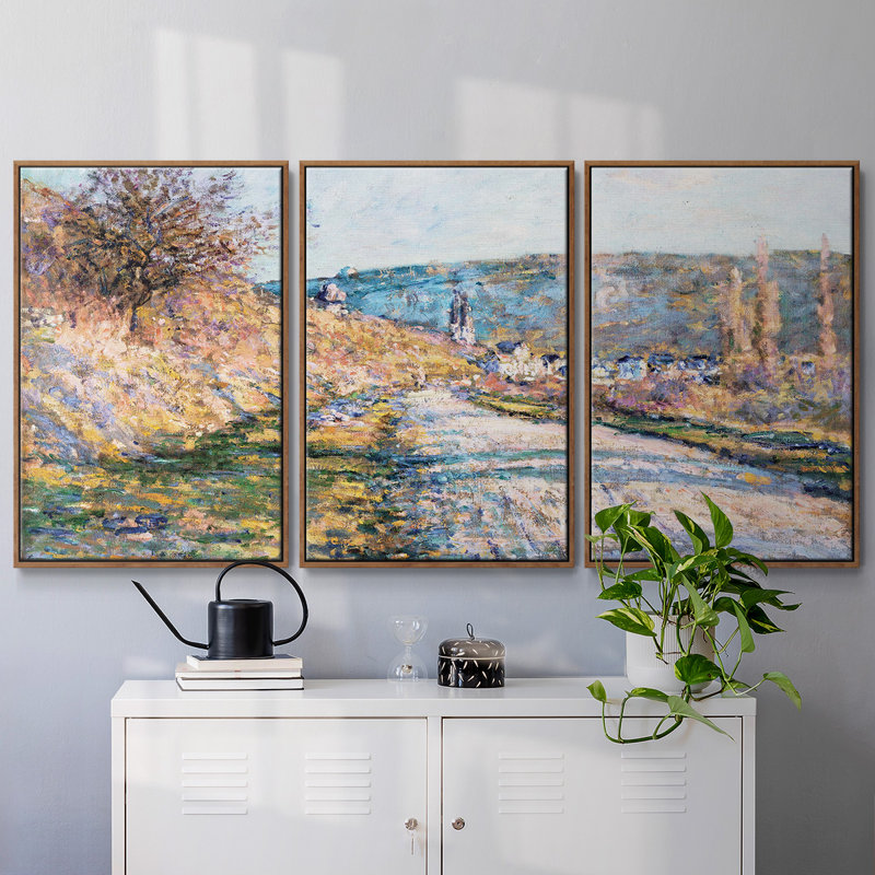 Monet - 3 pièces, reproduction encadrée sur toile, H 24 po x l 48 po x P 2 po, Noyer