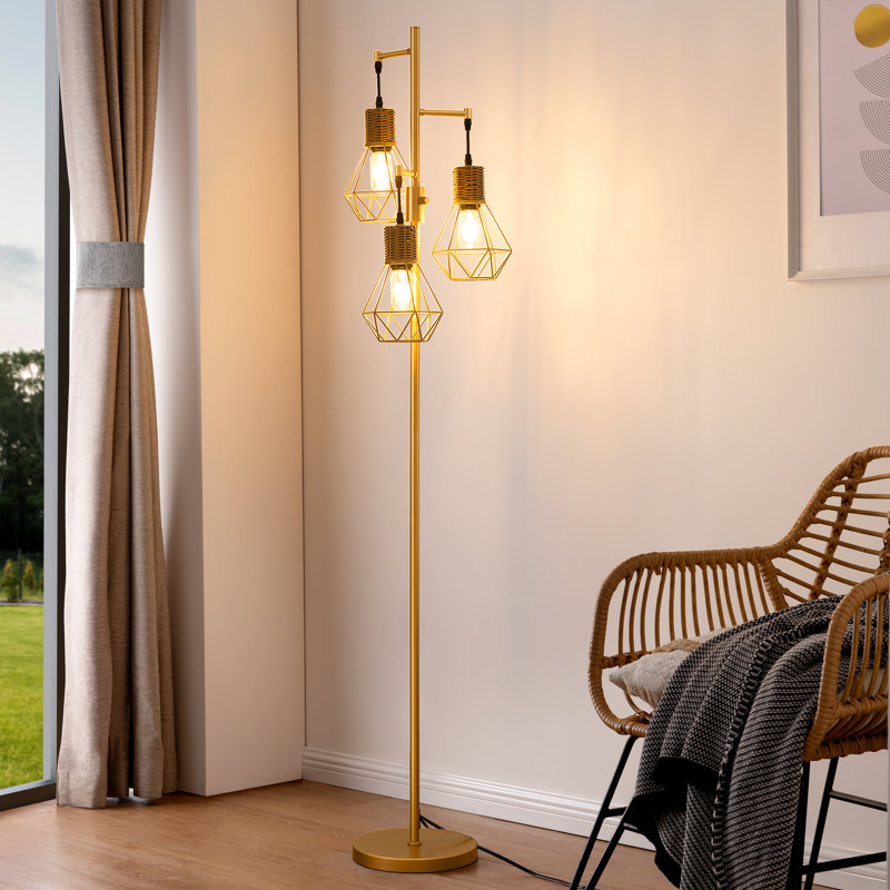 Crevan 65" Dimmable Rattan Tree Floor Lamp With 3 Bulbs Included, Gold