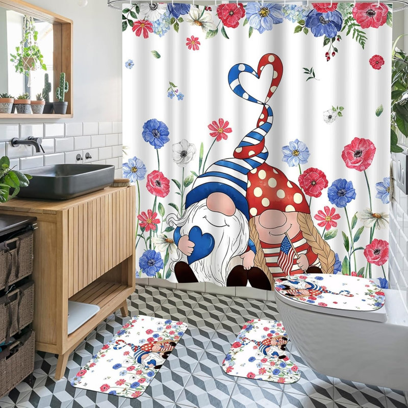 Ensemble de 4 rideaux de douche et tapis de salle de bain Patnotic Gnome