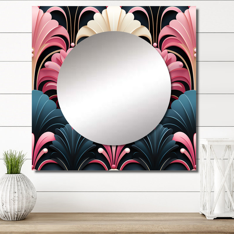 Motif damassé rose et bleu art déco - grand miroir carré bohème et éclectique pour décoration murale, 36 po x 36 po