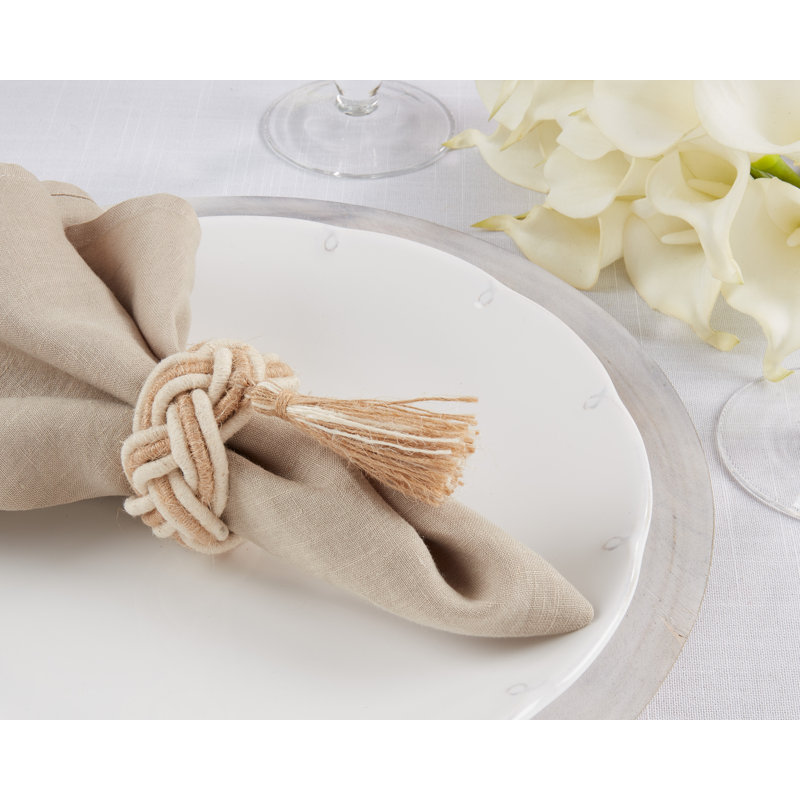 Braided Jute Tassel Napkin Rings Set of 4, Off-White