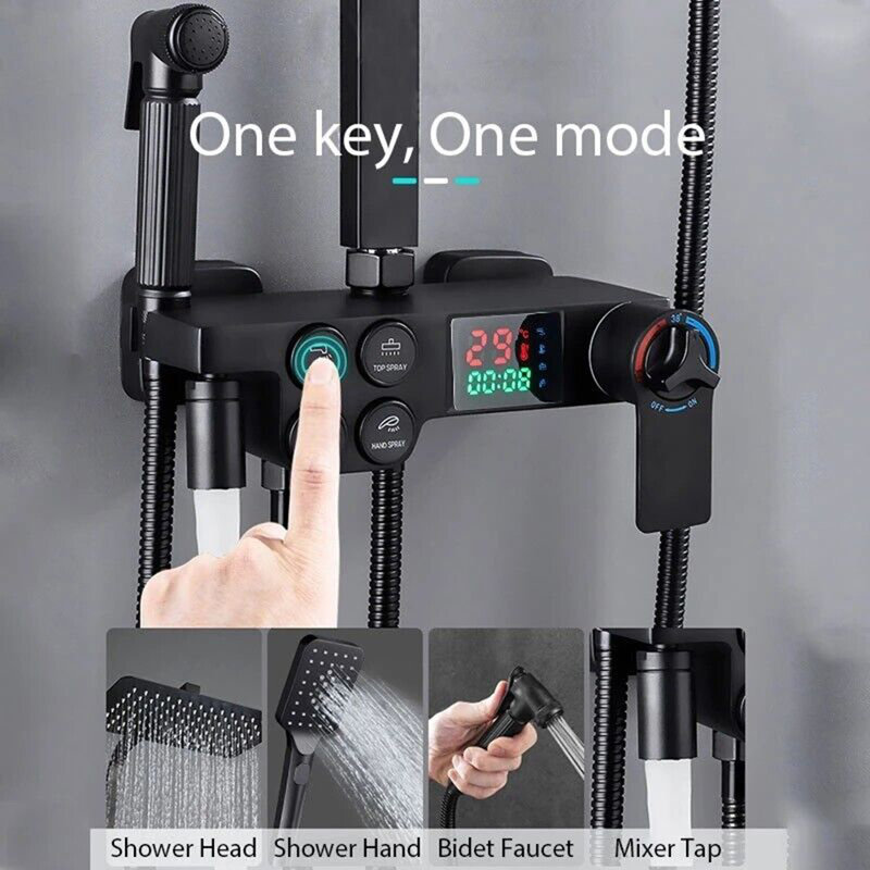 Thermostatic Exposed Shower Mixer Bar Set Bathroom Twin Head Large Square Black