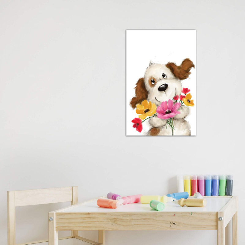 «Dog with Flowers II» par Makiko - reproduction d'art, Toile tendue, Pas de tapis, H 12 po x l 8 po x P 0,75 po