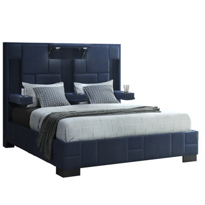 King Bed In Navy Blue With Modern Design, Fold - Down , Led Lights And Wireless Charging Station Panel Built In Speakers, Central Design