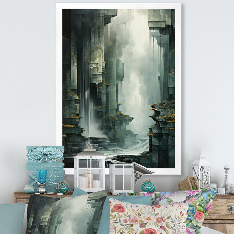«Waterfall Cliff Adventure I», reproduction sur toile, Cadre simple blanc, H 44 po x l 34 po x P 1,5 po