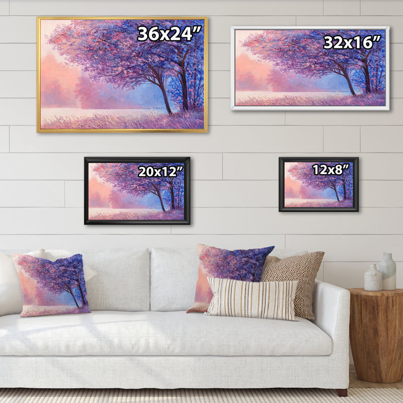Automne, paysage mauve coloré - reproduction de cadre flottant sur toile, H 16 po x l 32 po x P 1 po, Cadre flottant brun