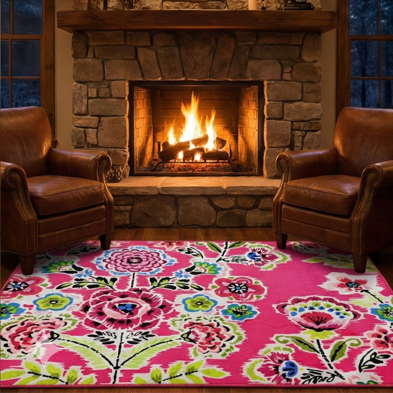 Zeshaun Vibrant Floral Bloom Pink & Multi-Color Washable Area Rug