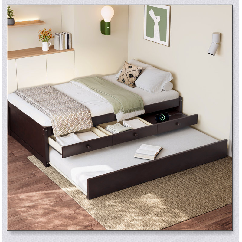 Lit plateforme minimaliste en bois massif avec lit gigogne et deux tiroirs de rangement, parfait pour les espaces modernes et peu encombrants.