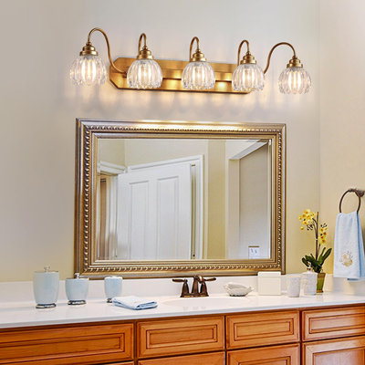 Mid Century 5-Light Crystal Glass Wall Sconce, Matte Vintage Bathroom Vanity Light Fixture