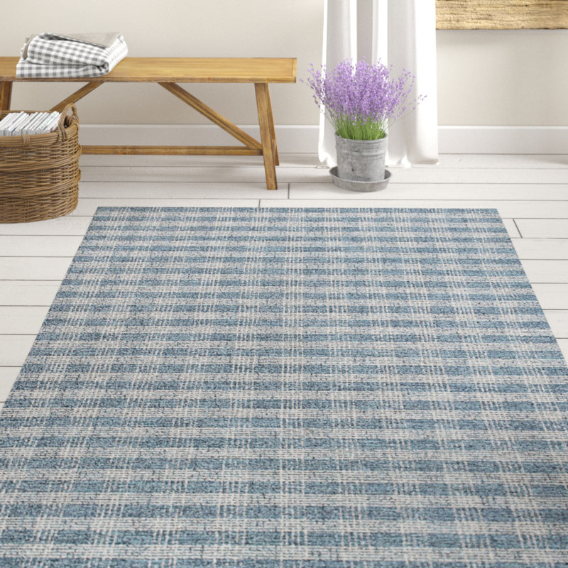 Tapis bleu en laine crocheté à la main Carreon, Rectangle 5 pi x 8 pi