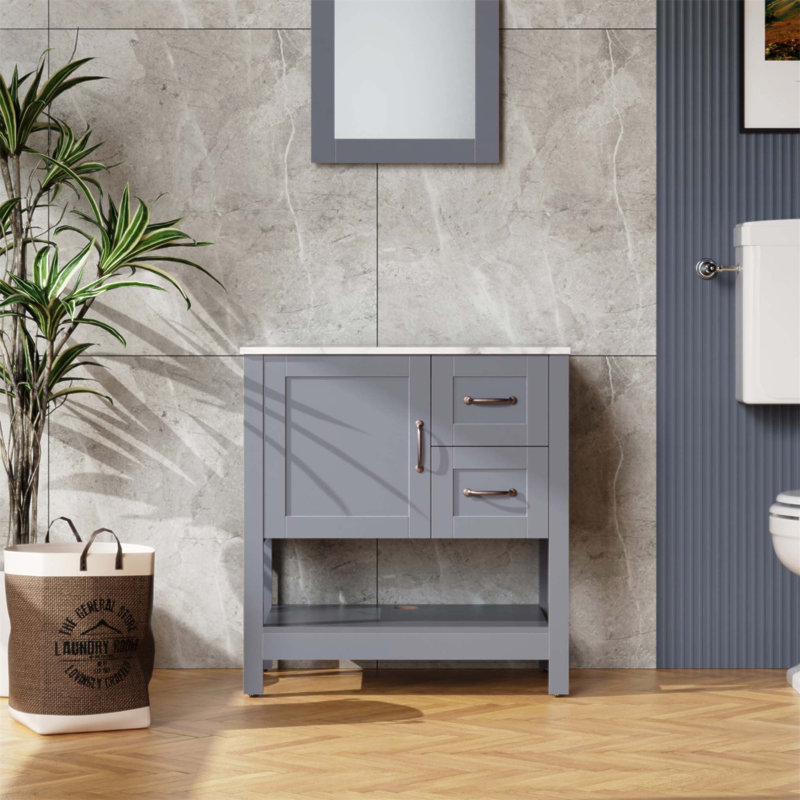 Meuble-lavabo 30 po avec miroir et plateau, motif marbre anti-rayures incassable, finition bleu marine foncé