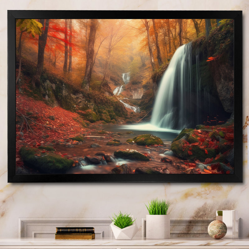 Chute d'eau dans la forêt d'automne II - impression, Cadre simple noir, H 12 po x l 20 po x P 1 po