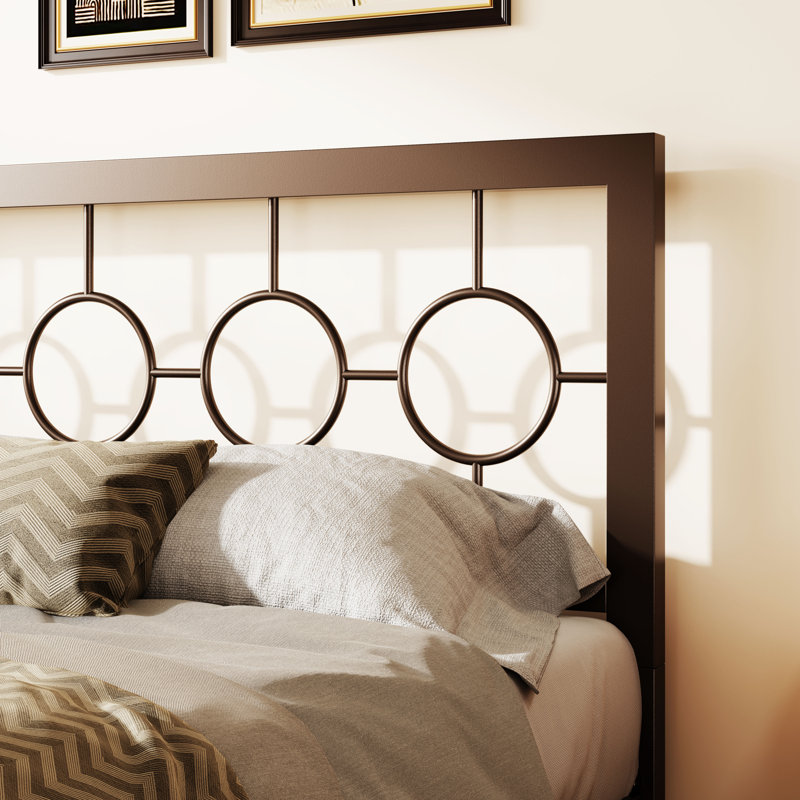 Lit plateforme vintage en métal Avren avec tête et pied de lit, design géométrique, sommier non requis, Lit simple, Brun