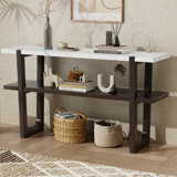Retro Elegant Console Table with Marble-Effect Top and Versatile Storage Solutions