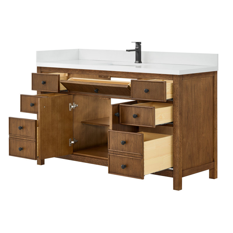 Meuble-lavabo simple 60 po Rian en noyer grillé, comptoir en quartz blanc, lavabo carré encastré (1 trou), garniture noir mat