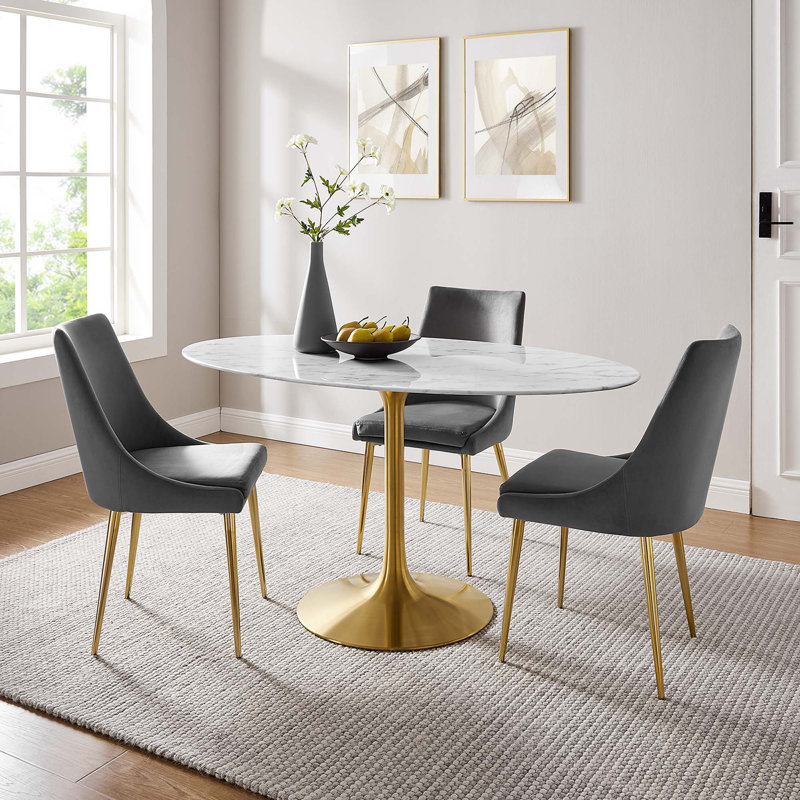  Table de salle à manger en marbre artificiel Lippa, H 29,5 po x L 35,5 po x l 35,5 po, Doré, Blanc