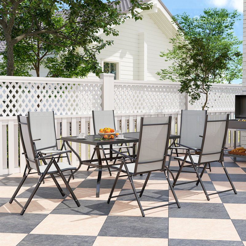 7 Pieces Garden Dining Set with Parasol Hole, 6 Seater, Black