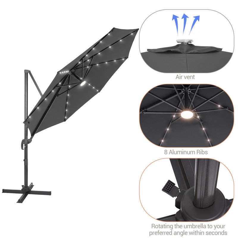 Luna 11' Lighted Cantilever Umbrella, Light Grey - Spun Poly