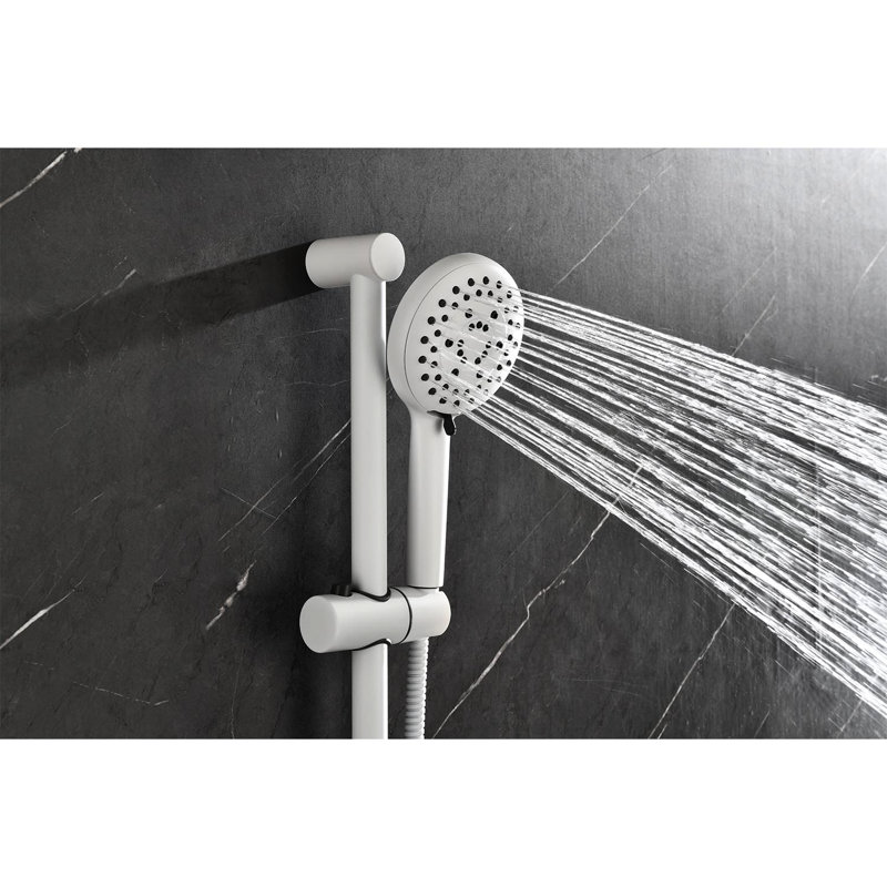 Élégante douche de salle de bain blanche avec accoudoirs: tête, douche à main, barre coulissante, jets de corps, boyau, garniture de soupape, manettes pour levier à levier - laiton,
