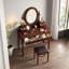 Bureau de coiffeuse avec miroir à angle réglable, tabouret rembourré et 5 tiroirs-2109669957