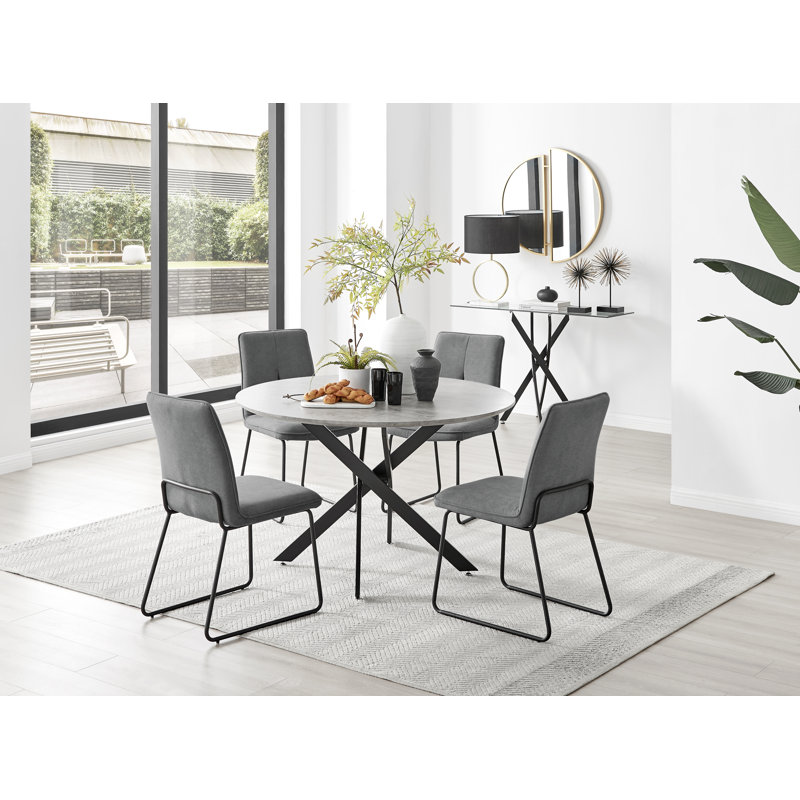 Tierra Modern Chrome Metal & Marble Effect Round Dining Table Set with 4 Chairs, 75 x 120 x 120cm, Dark Grey