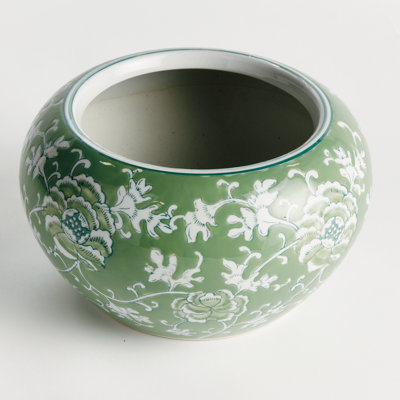 Celadon Ceramic Chinoiserie Green and White Imperial Lotus Planter Small