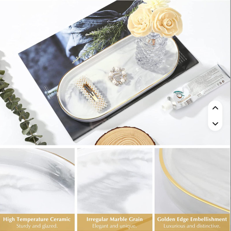 Vanity Tray - Non-Slip Marble Large, 5.12" W x 9.45" D x 0.63" H