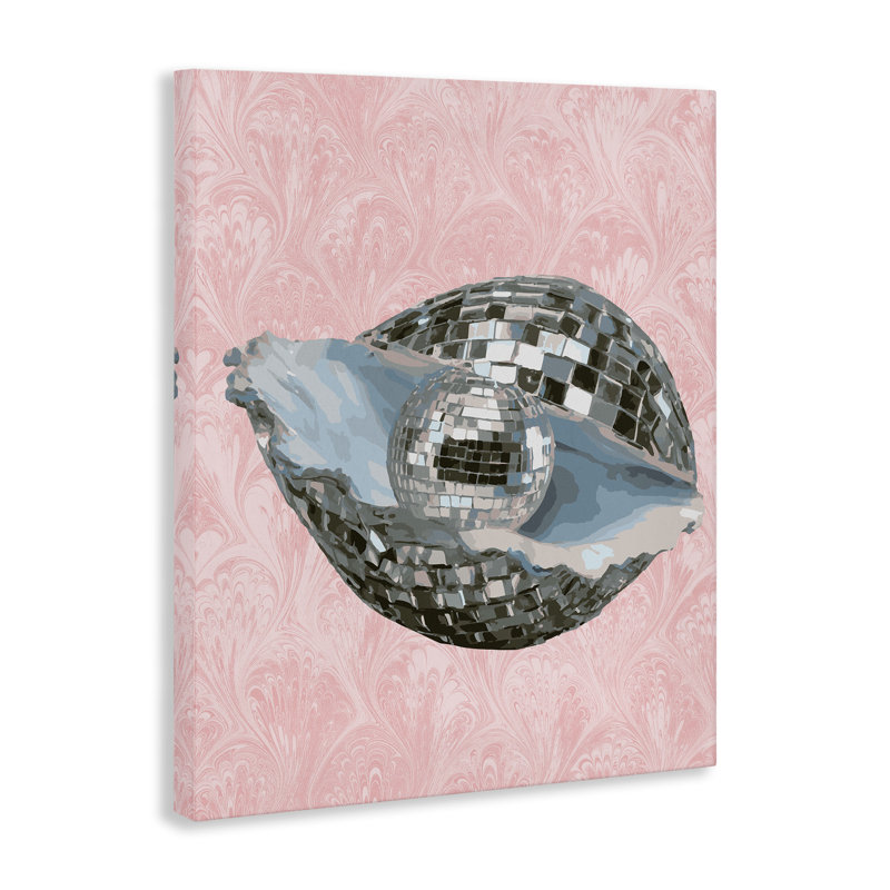 Huître disco sur toile rose, design par Lil 'Rue, H 20 po x l 16 po