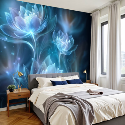 Peel and Stick Wallpaper 96" L x 69" W Modern Self Adhesive Wall Mural for Bedroom Glowing Blue Lotus Flowers Ethereal Light Soft Swirls