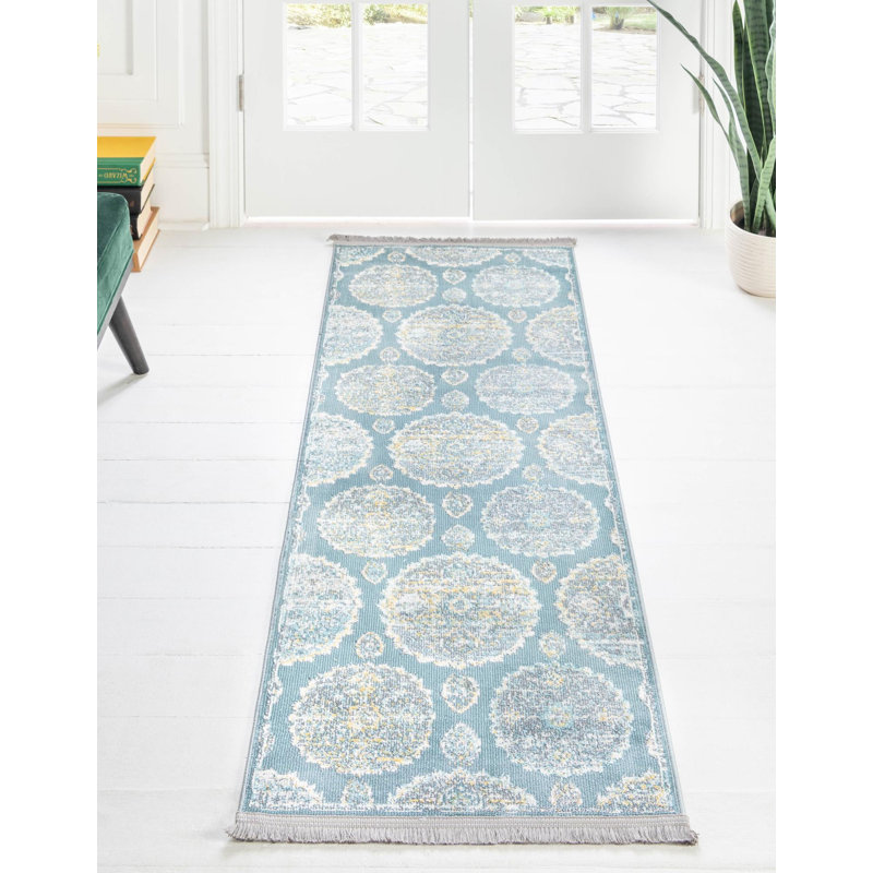 Tapis oriental en polypropylène tissé à la machine en turquoise / gris / jaune, Tapis de couloir 2 pi 2 po x 6 pi