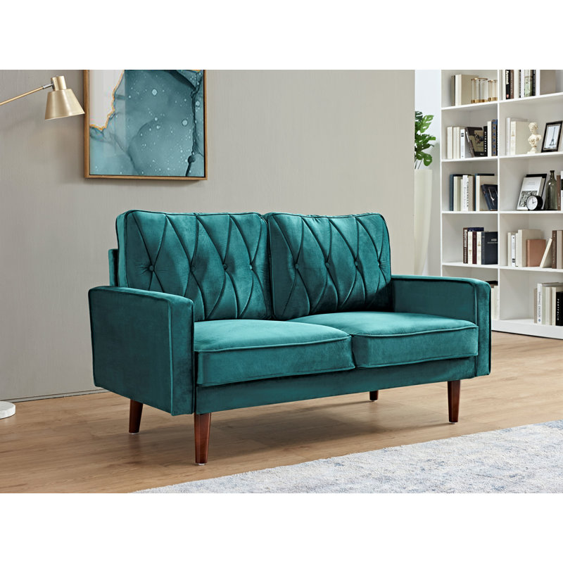 Petit canapé à dossier coussiné en velours, Velours bleu-vert, H 31,5 po x l 57,5 po x P 33,5 po
