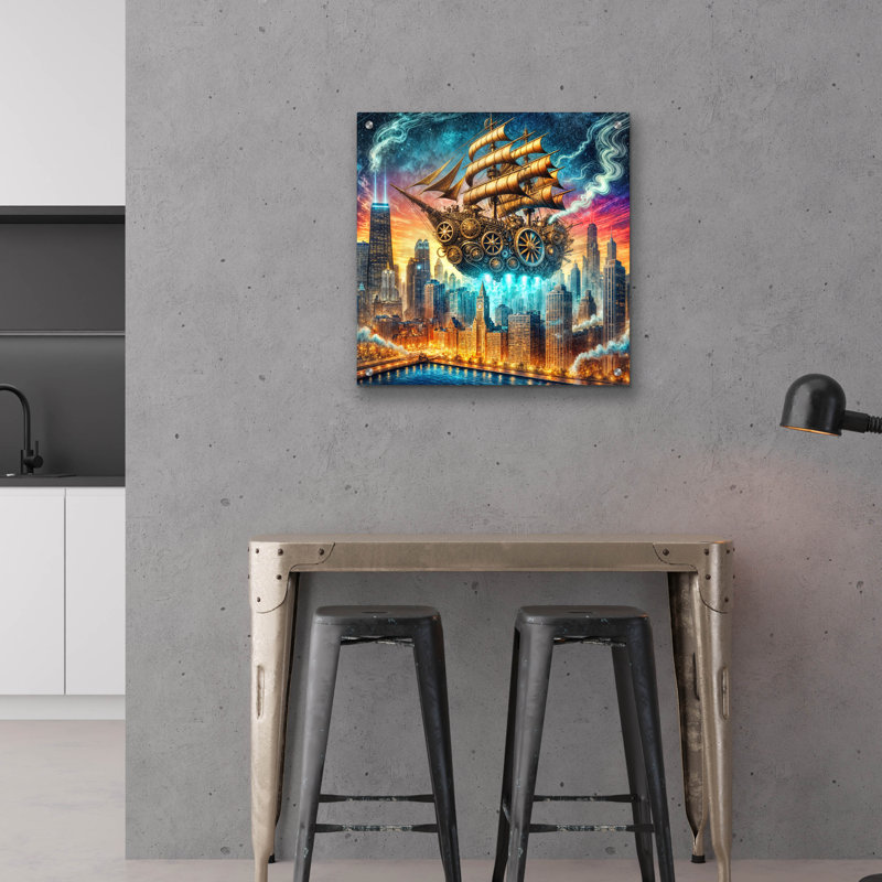 «Steam Punk Ship In Chicago» par Rey Klimt, art mural en verre acrylique, H 24 po x l 24 po x P 0,2 po