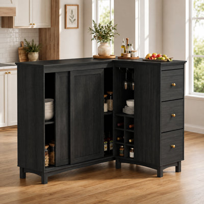 Armoire de bar en L en forme de L avec prise de courant, ports USB et Type-C, armoire de bar en MDF noir avec tiroir