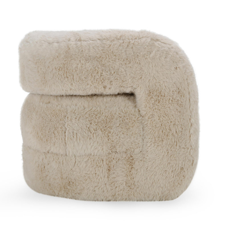 Beige Faux Fur Upholstered Barrel Chair with Solid Wood Frame