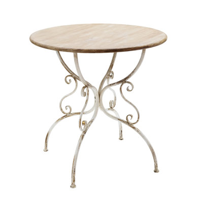 Round Wooden Table with Metal Scrollwork Legs