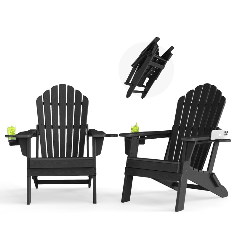 Set of 2 Folding HDPE Adirondack Chairs with Dual Cup Holders – All-Weather Outdoor Patio Seating, Black