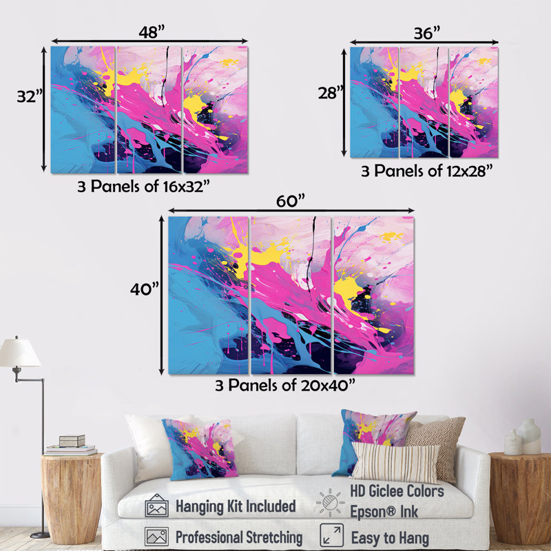 «Pink Blue Paint Splash Pop Art», ensemble d'art mural abstrait, Toile tendue, H 32 po x l 48 po x P 1 po