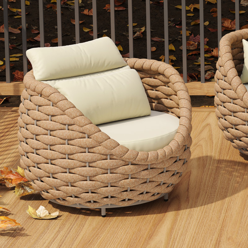 Jio Patio Fully Assembled 1 Person Altuminum Frame PVC-coated polyester Rope Outdoor Patio Chair with Cushions, Cream, Brown