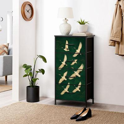 Commode 4 tiroirs pour chambre à coucher, commode étroite, plateau en bois et structure de bureau en fer 18 po x 37,5 po (lxH) - avec grues blanches sur fond vert