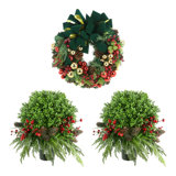 26" Holiday Wreath and Two UV Rated Boxwood Topiary Drop-Ins