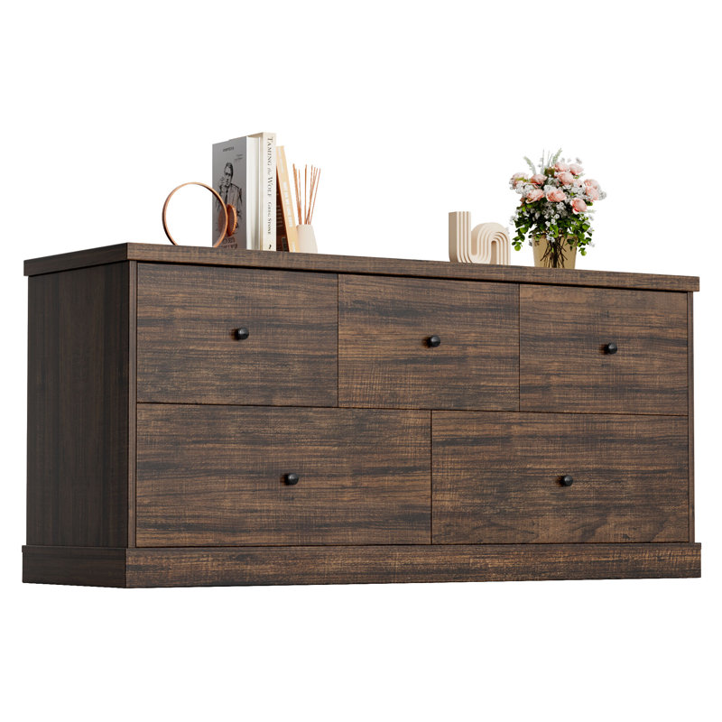 5 Drawer Double Dresser, Wide Wood Chest Of Drawers Storage Tower Storage for Living Room Bedroom, Tan