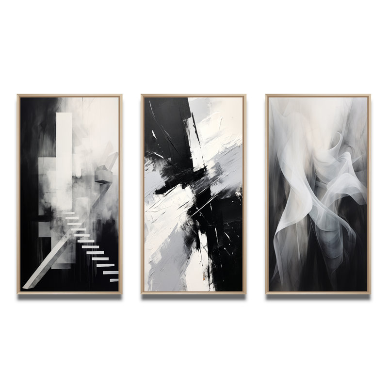 Stairway To Afterthoughts Minimal Black And White - Abstract Painting Art Set Of 3 Pieces, Encadré naturel, H 40 po x l 60 po