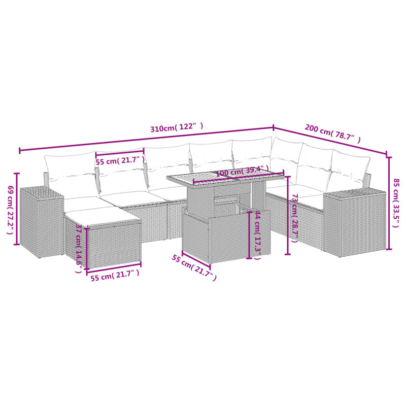  Ensemble de canapé de patio 9 pièces avec coussins en rotin de polyester, Gris, Bleu