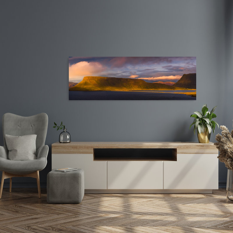 Dramatic Fjord Sunset Dramatic Peaceful Serene Coastal Landscape, art mural, H 16 po x l 48 po