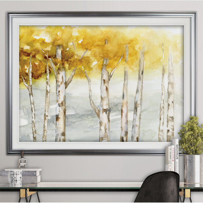 «Golden Trees», reproduction de peinture à l'aquarelle sur toile tendue, H 28 po x l 38 po x P 1,5 po, Cadre argenté