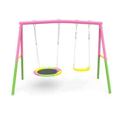 330lbs Swing For Outdoor Backyard, A - Frame Metal Stand, 1 Saucer Seat & Belt Seat, Pink Steel Construction, 99in Deep, 57in Wide, 72in High, F1148 24 Compliant Steel, F963 23