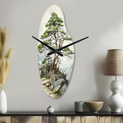Ziqra Pine Tree Resilience - Curved Pine Metal Clocks, Asymmetrical Metal Wall Clock Print